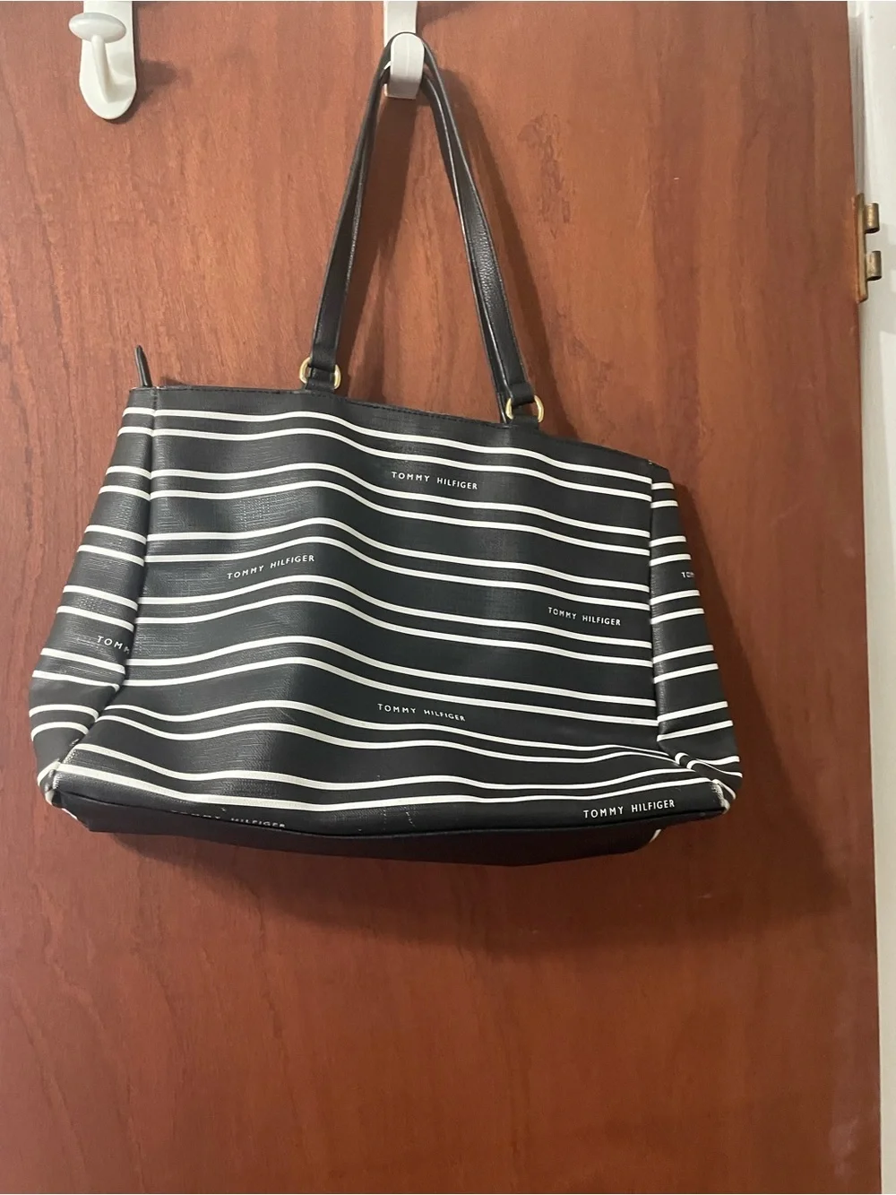 Tommy Hilfiger Black and White Striped Tote with Front Pocket
